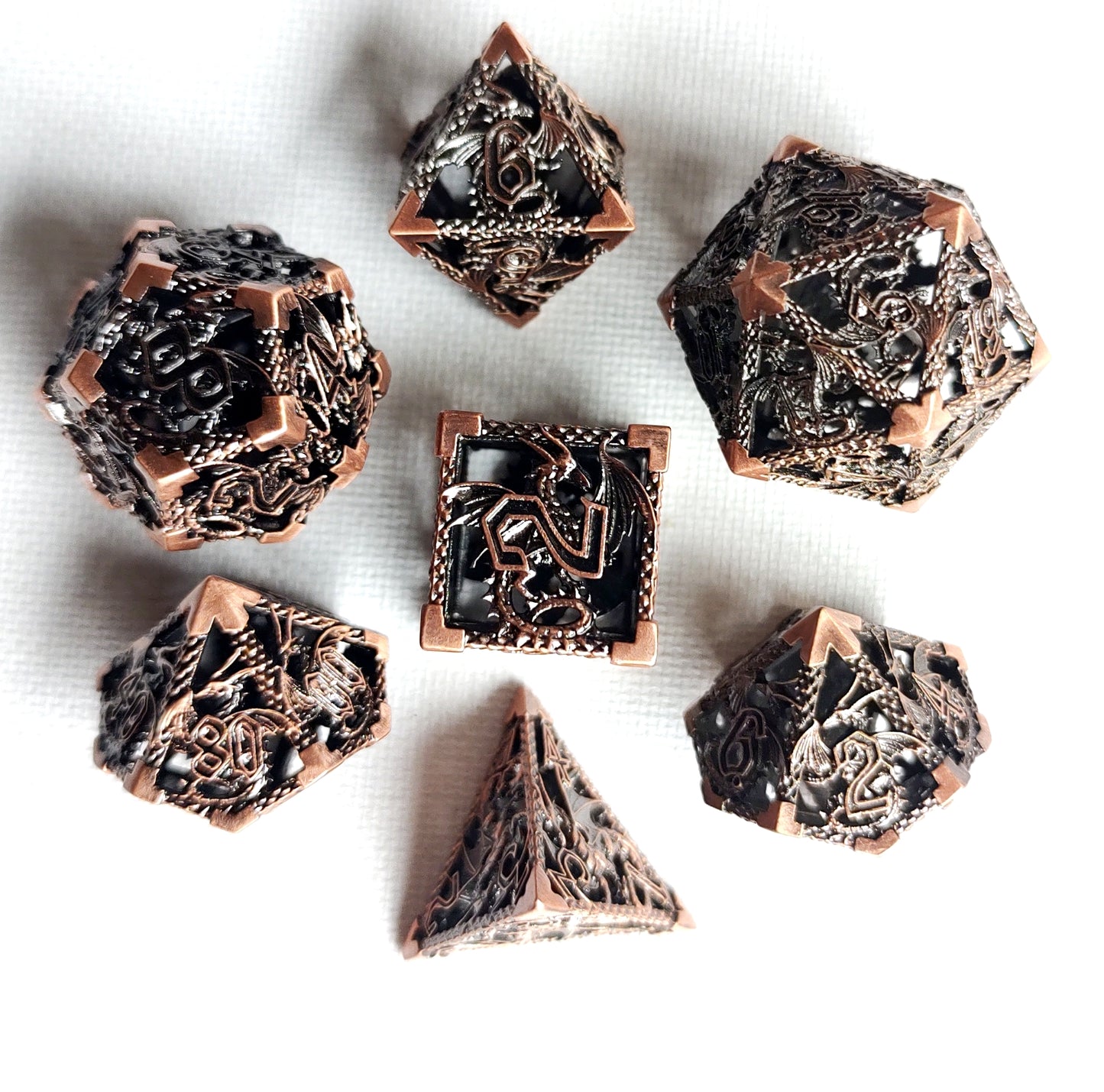 Hollow Metal D&D dice set, Flying Dragon design