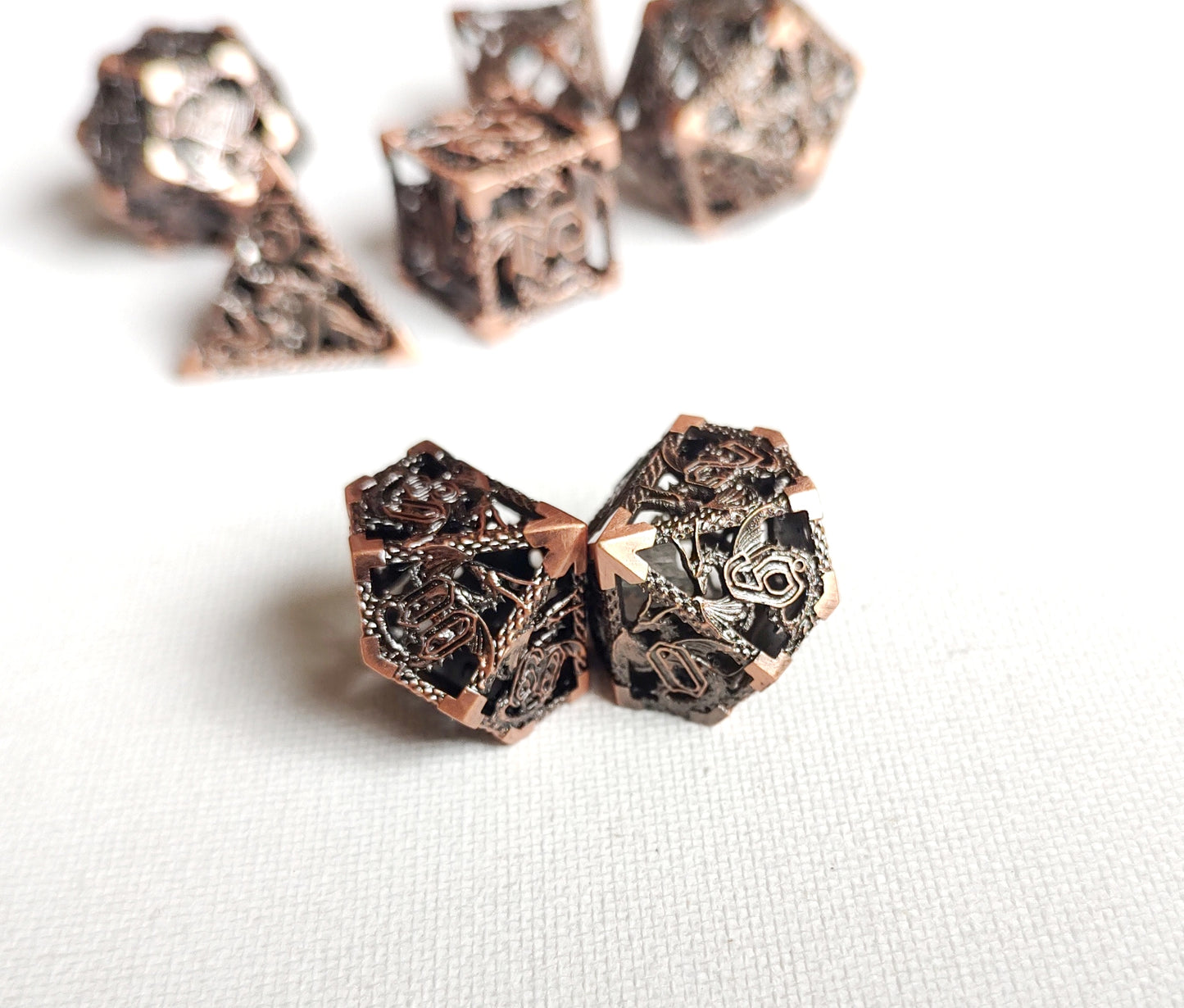 Hollow Metal D&D dice set, Flying Dragon design