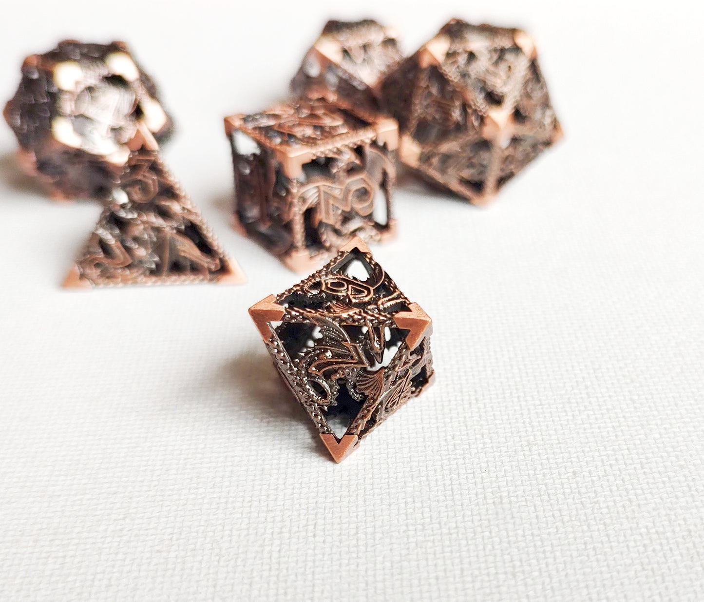 Hollow Metal D&D dice set, Flying Dragon design